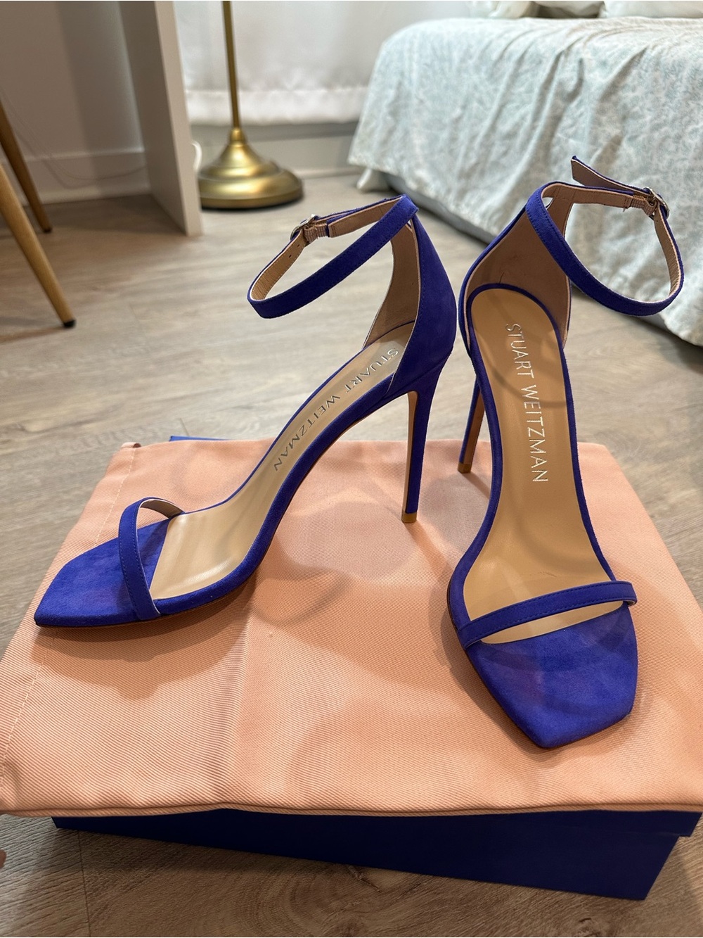 Stuart Weitzman Nudist Curve 100 Sandals in Blue Suede, US10.5